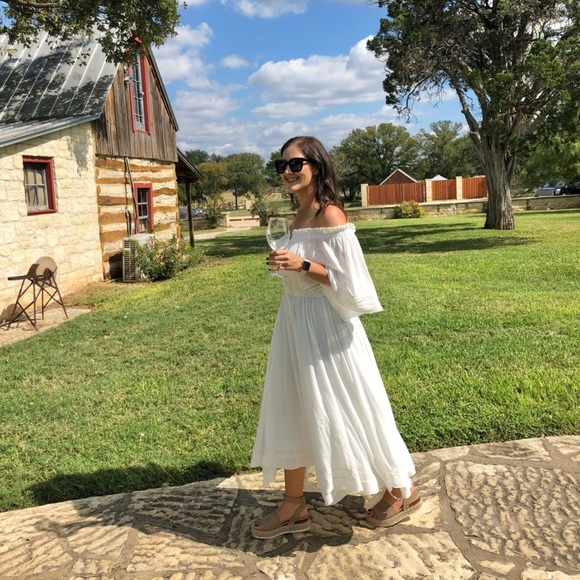 VICI - Style Rack Off The Shoulder Lace Trim Midi Dress, Size M, Whote, High/Low - Picture 5 of 6